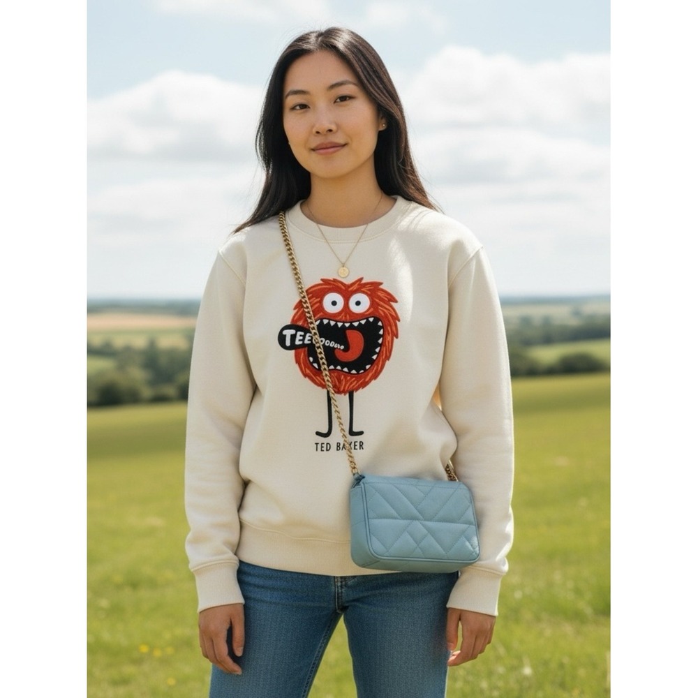 Ted Baker Cream Monster Graphic Sweatshirt Cotton Crewneck Embroidered Size 2 - Picture 3 of 15